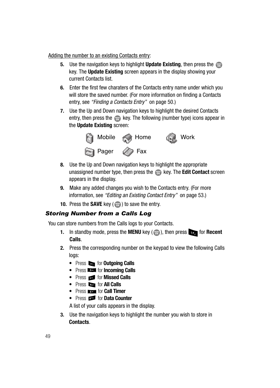 Storing number from a calls log | Samsung SCH-R500ZRACRI User Manual | Page 52 / 180