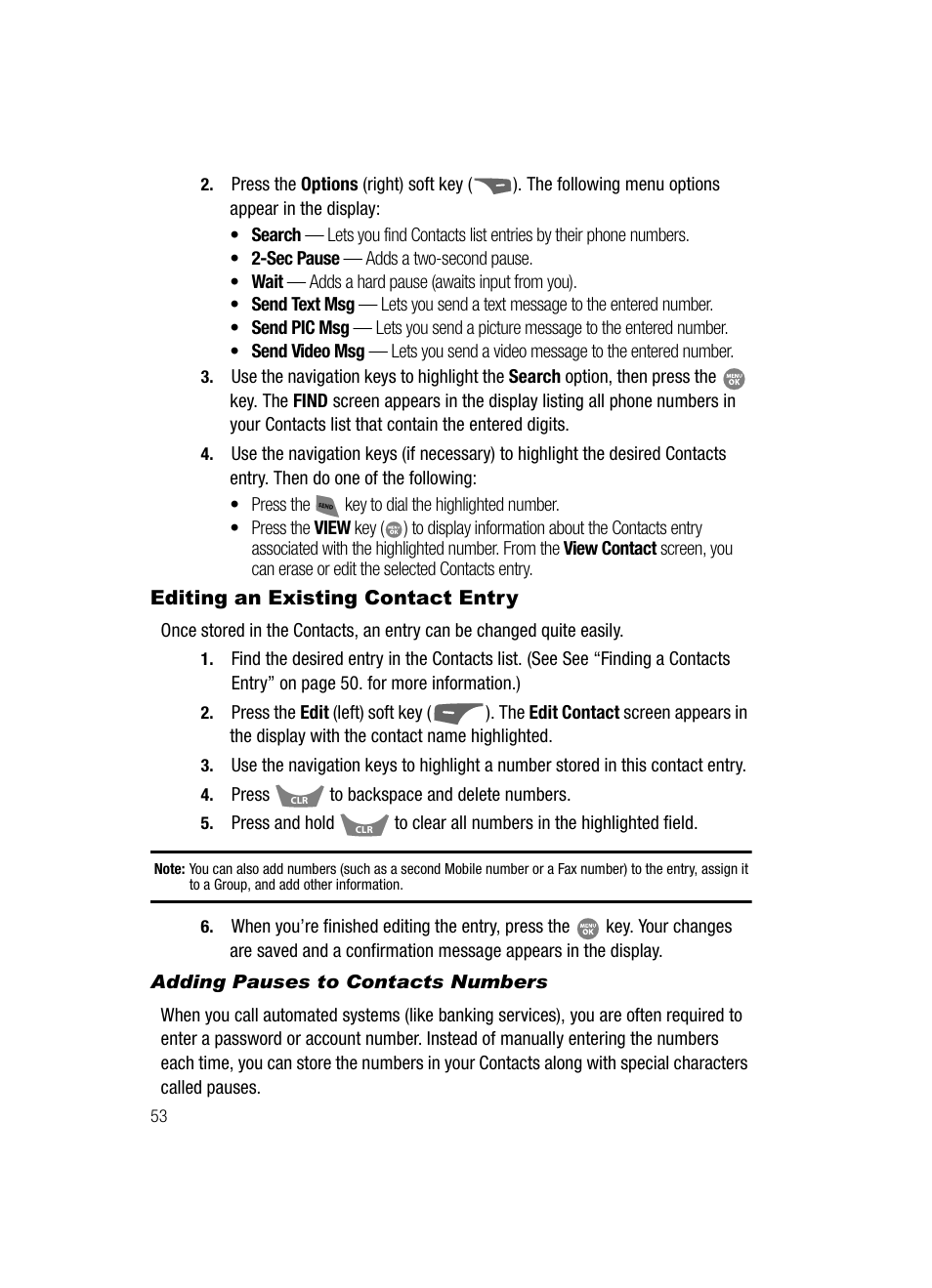 Editing an existing contact entry, Adding pauses to contacts numbers | Samsung SCH-R500ZRACRI User Manual | Page 56 / 180