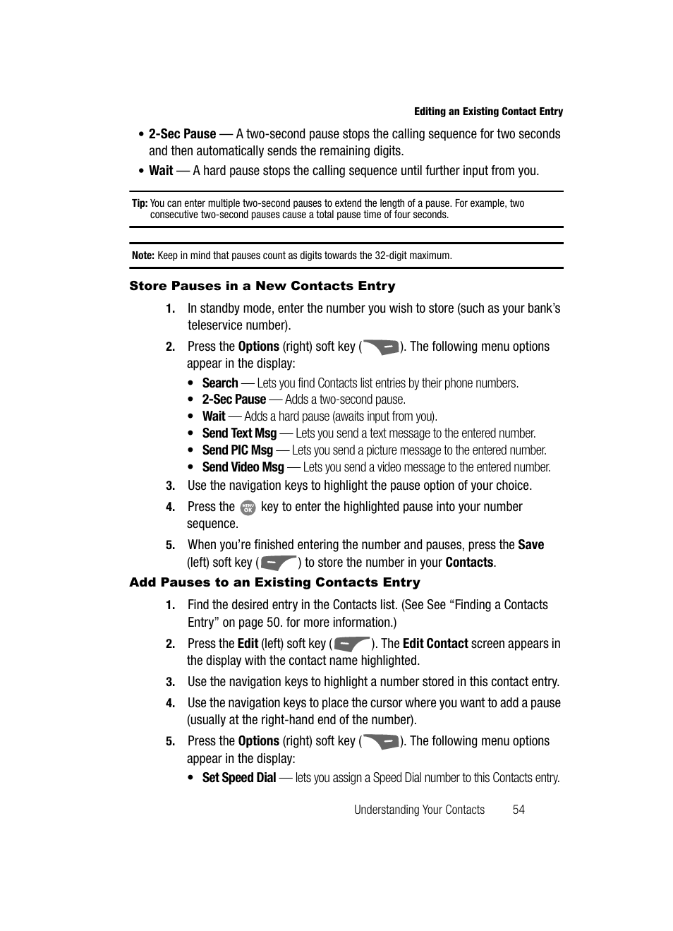 Store pauses in a new contacts entry, Add pauses to an existing contacts entry | Samsung SCH-R500ZRACRI User Manual | Page 57 / 180