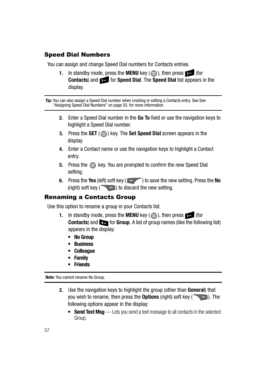 Speed dial numbers, Renaming a contacts group, Speed dial numbers renaming a contacts group | Samsung SCH-R500ZRACRI User Manual | Page 60 / 180