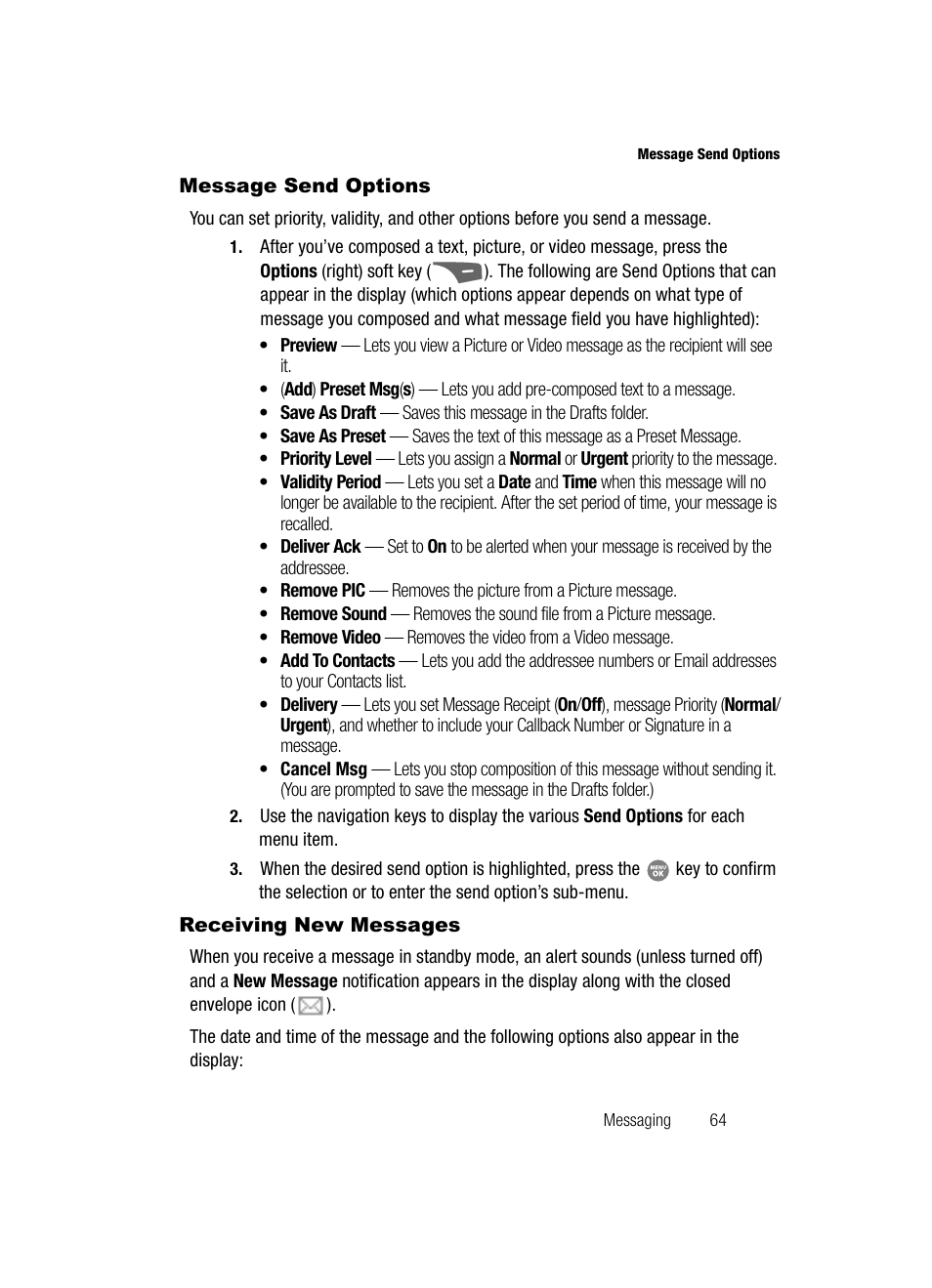 Message send options, Receiving new messages, Message send options receiving new messages | See “message send options” on | Samsung SCH-R500ZRACRI User Manual | Page 67 / 180