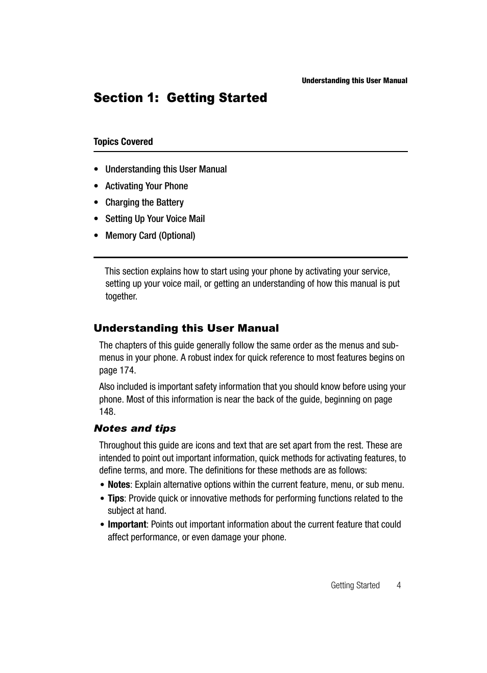 Section 1: getting started, Understanding this user manual, Notes and tips | Samsung SCH-R500ZRACRI User Manual | Page 7 / 180