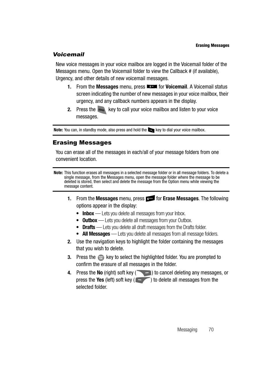 Voicemail, Erasing messages, See “voicemail” on | Samsung SCH-R500ZRACRI User Manual | Page 73 / 180