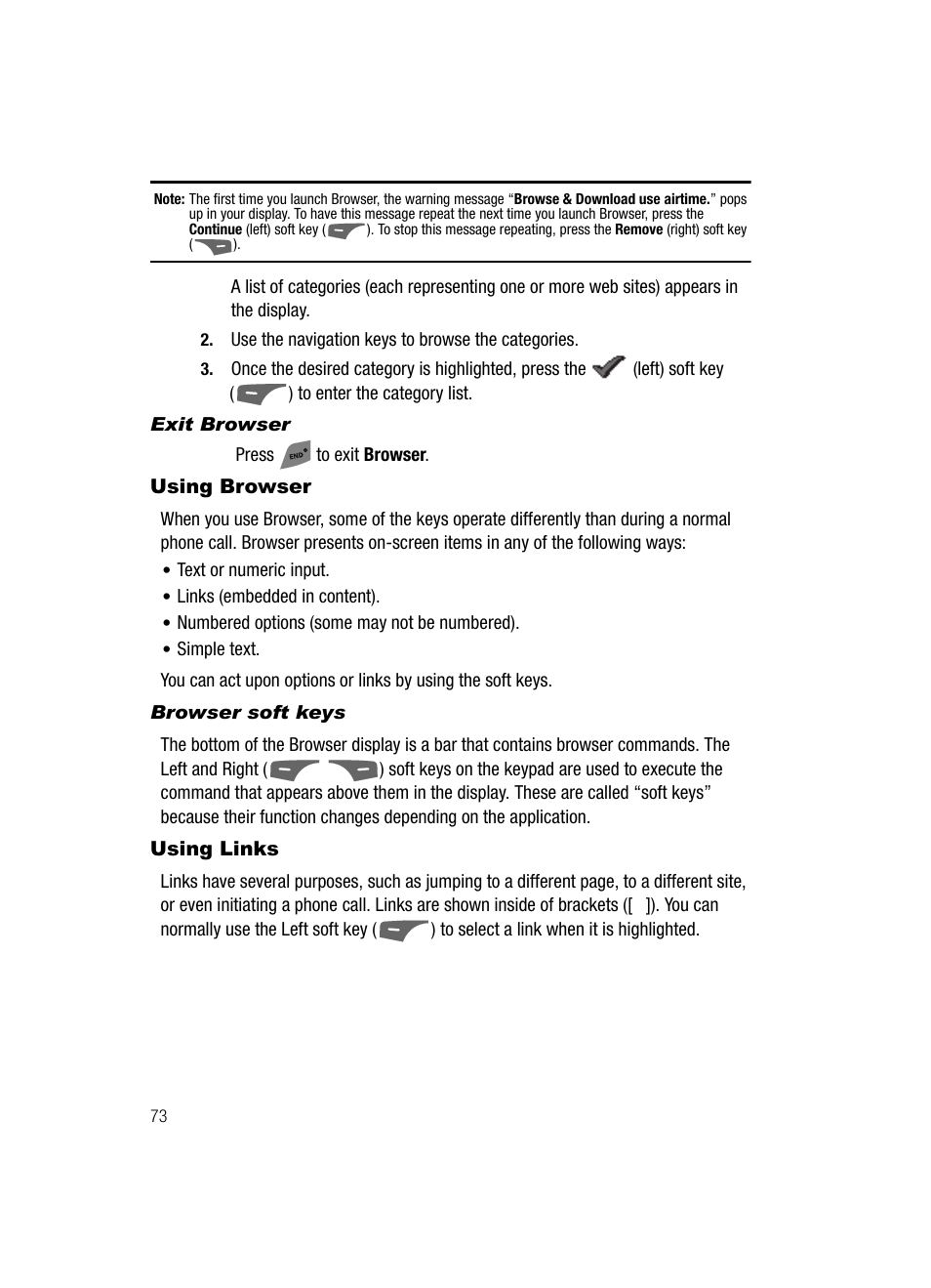 Exit browser, Using browser, Browser soft keys | Using links, Using browser using links | Samsung SCH-R500ZRACRI User Manual | Page 76 / 180