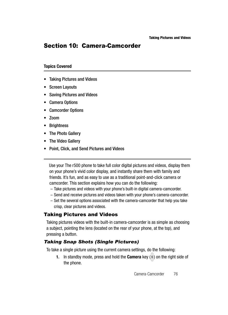 Section 10: camera-camcorder, Taking pictures and videos, Taking snap shots (single pictures) | Samsung SCH-R500ZRACRI User Manual | Page 79 / 180