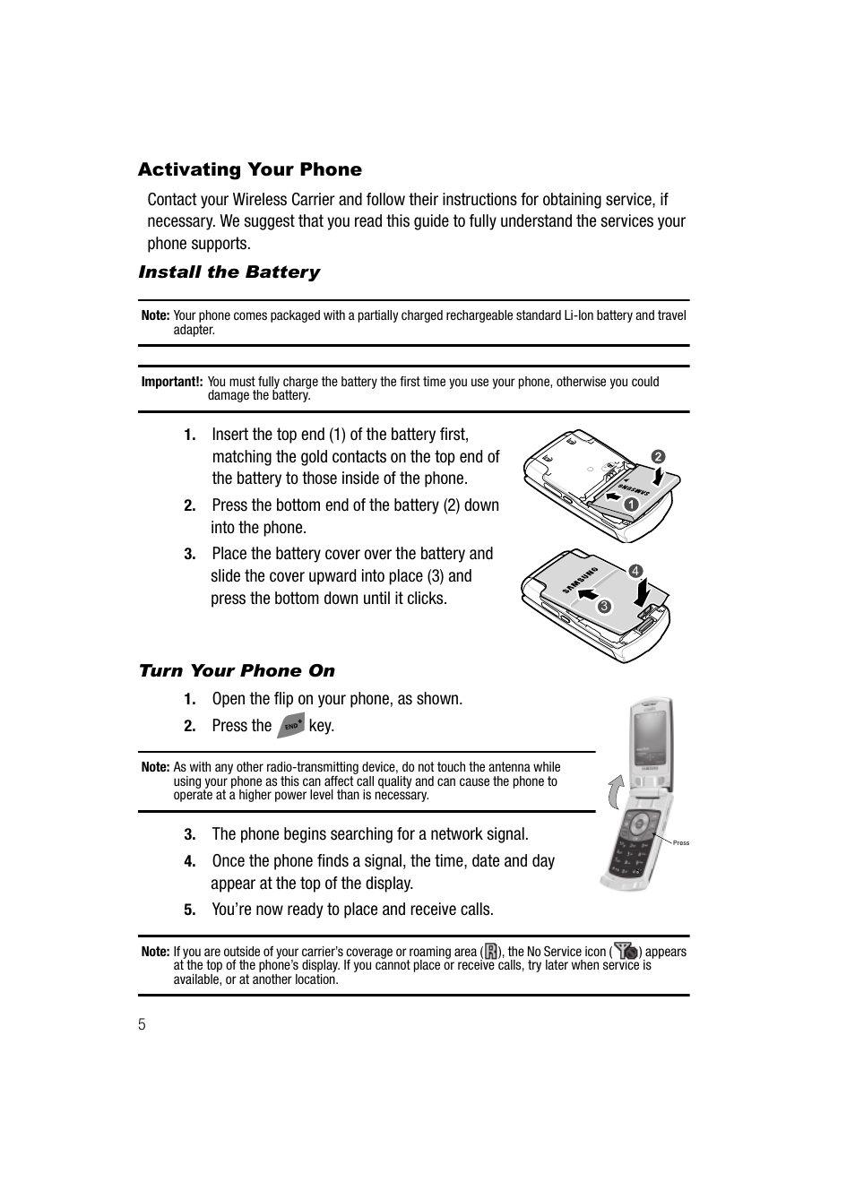 Activating your phone, Install the battery, Turn your phone on | Samsung SCH-R500ZRACRI User Manual | Page 8 / 180