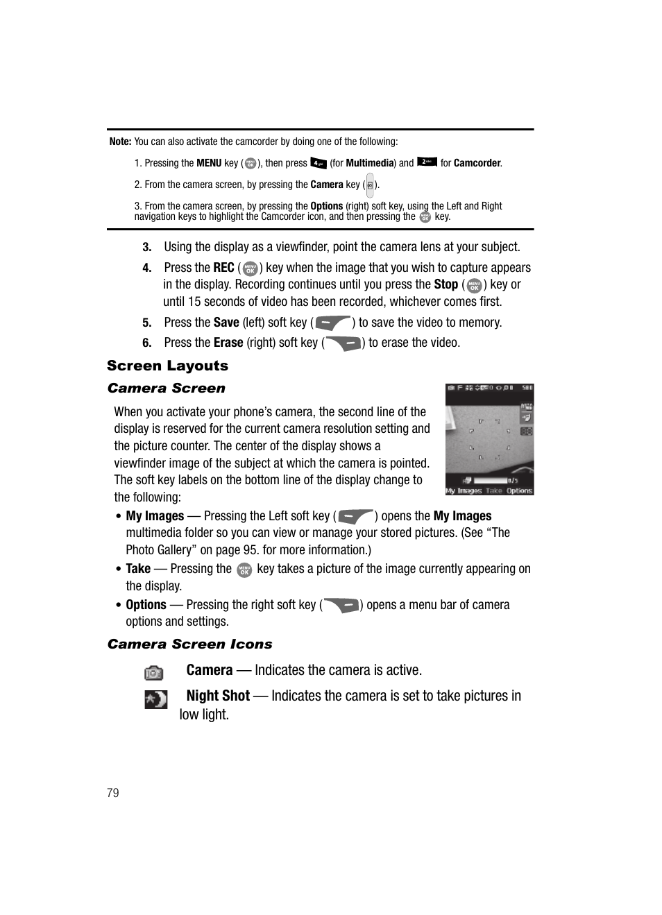 Screen layouts, Camera screen, Camera screen icons | Samsung SCH-R500ZRACRI User Manual | Page 82 / 180