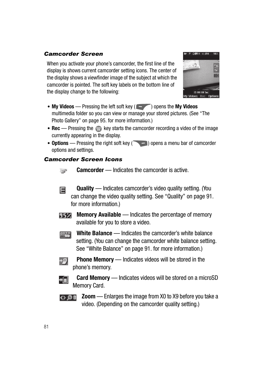 Camcorder screen, Camcorder screen icons | Samsung SCH-R500ZRACRI User Manual | Page 84 / 180