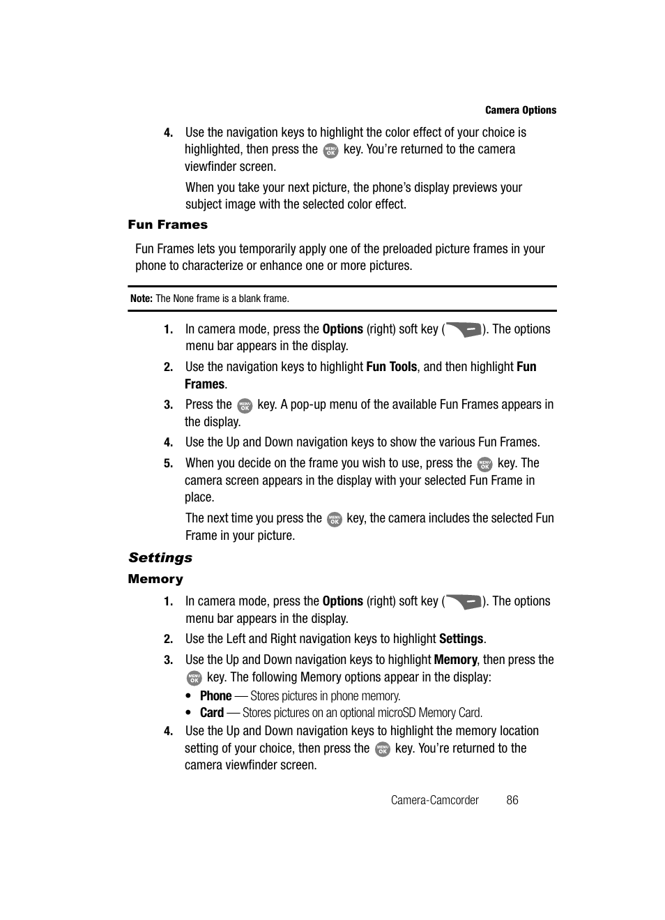 Fun frames, Settings, Memory | Samsung SCH-R500ZRACRI User Manual | Page 89 / 180