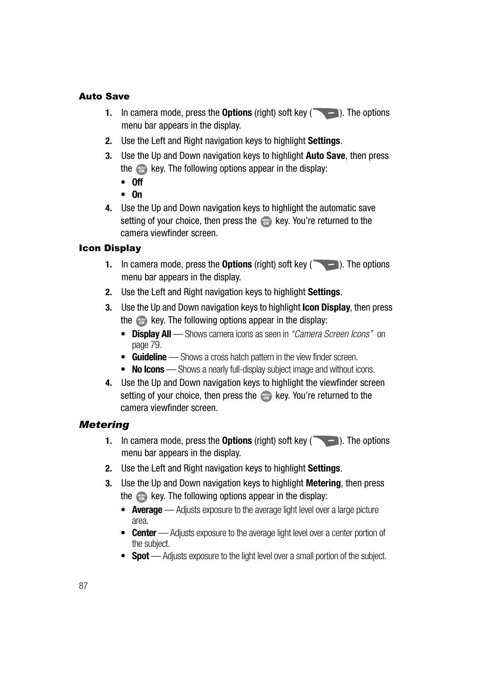 Auto save, Icon display, Metering | Samsung SCH-R500ZRACRI User Manual | Page 90 / 180