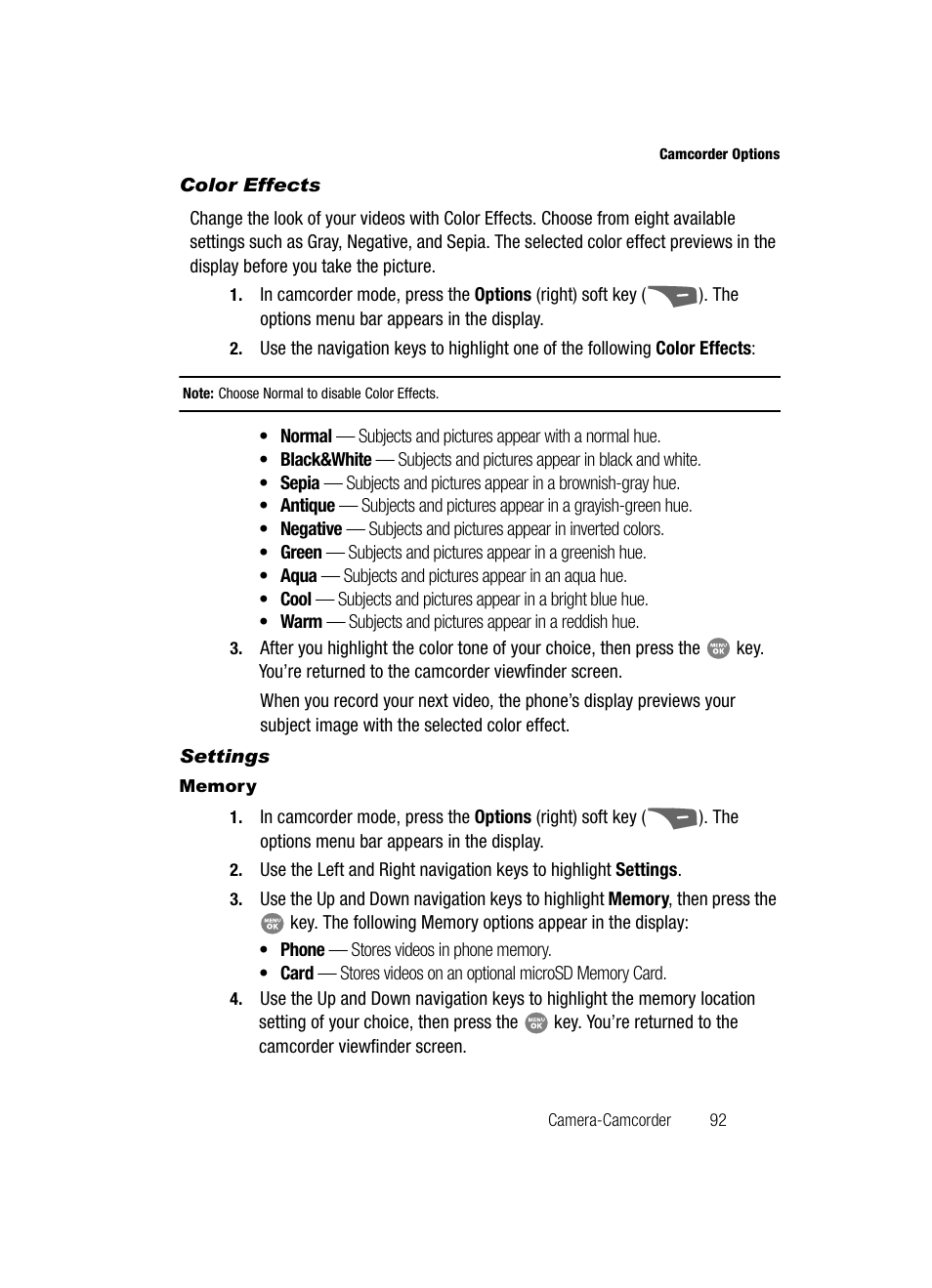 Color effects, Settings, Memory | Samsung SCH-R500ZRACRI User Manual | Page 95 / 180