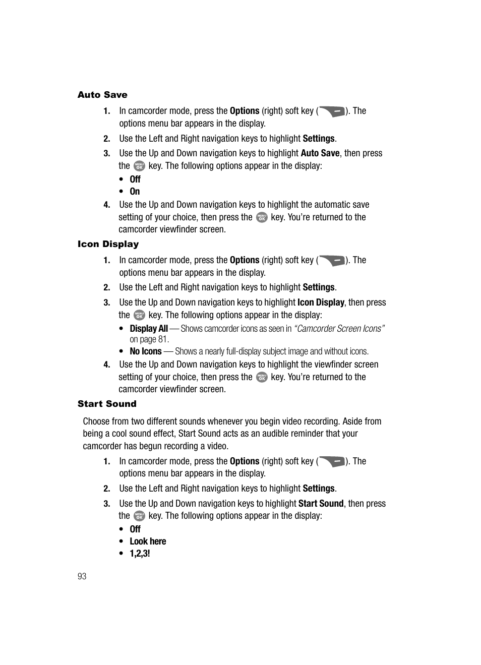 Auto save, Icon display, Start sound | Samsung SCH-R500ZRACRI User Manual | Page 96 / 180