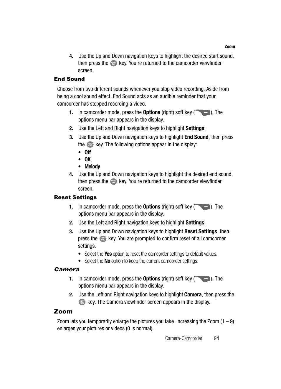 End sound, Reset settings, Camera | Zoom | Samsung SCH-R500ZRACRI User Manual | Page 97 / 180