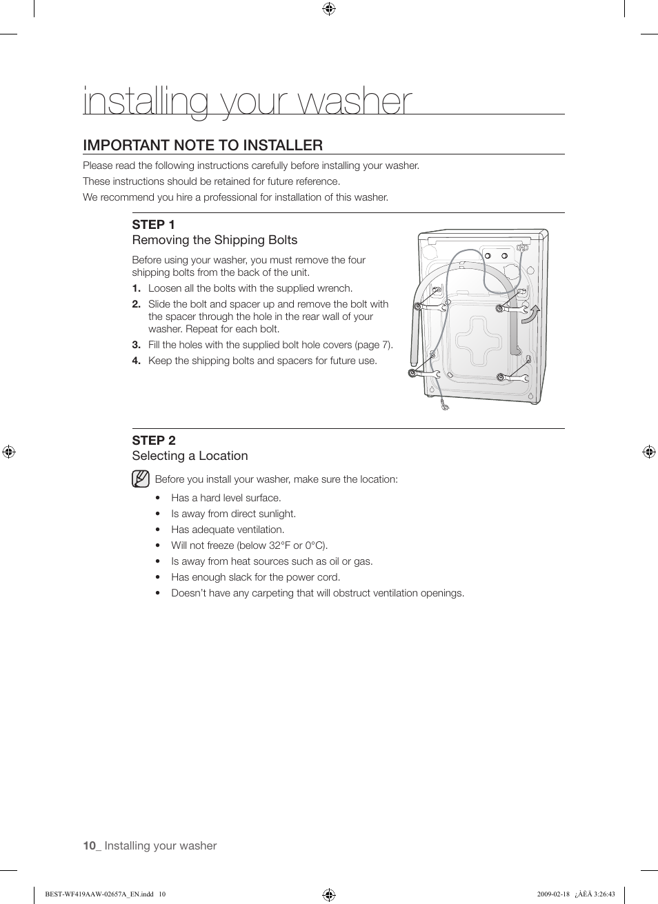 Installing your washer | Samsung WF419AAU-XAA User Manual | Page 10 / 32