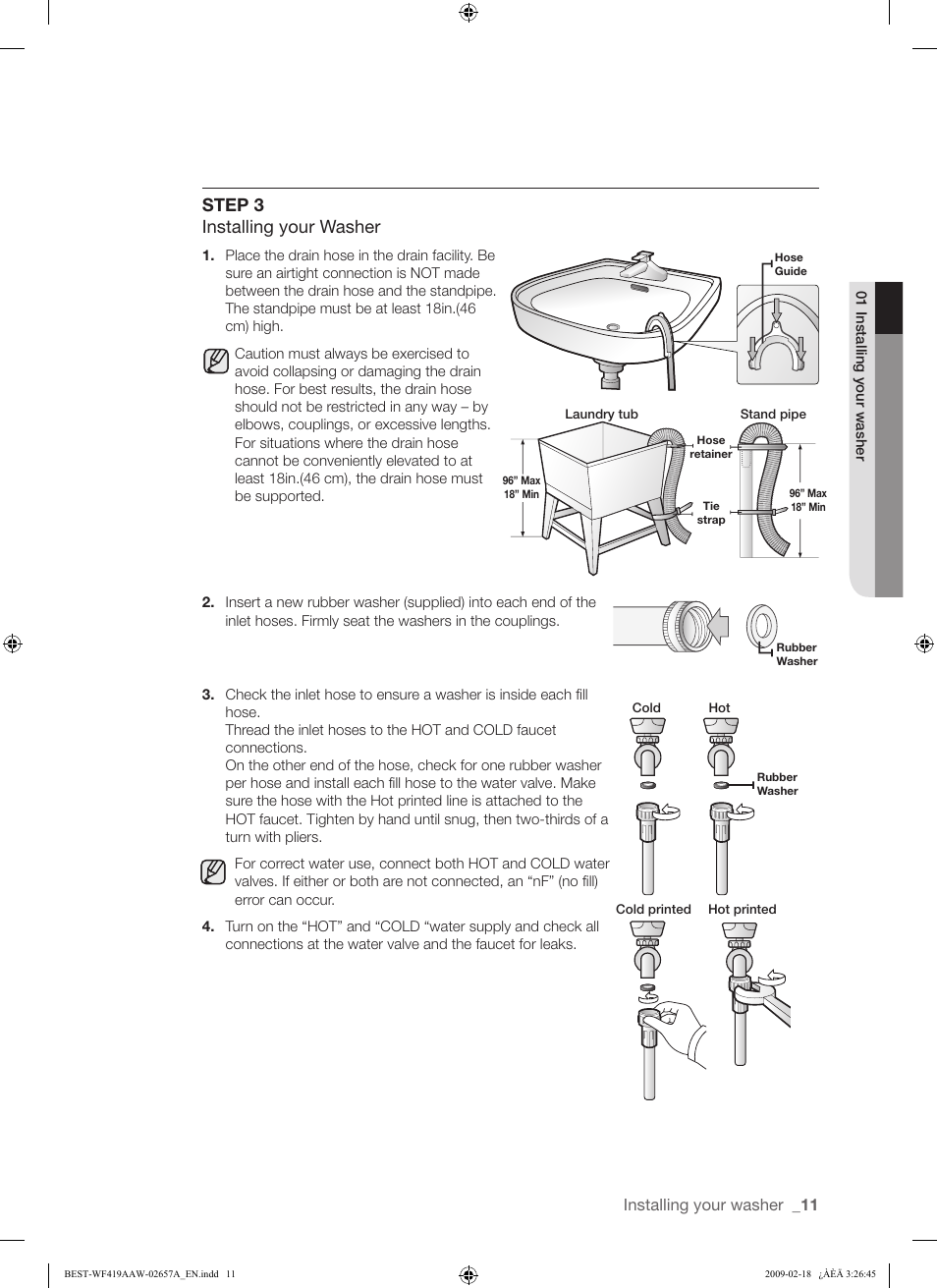 Step 3 installing your washer | Samsung WF419AAU-XAA User Manual | Page 11 / 32