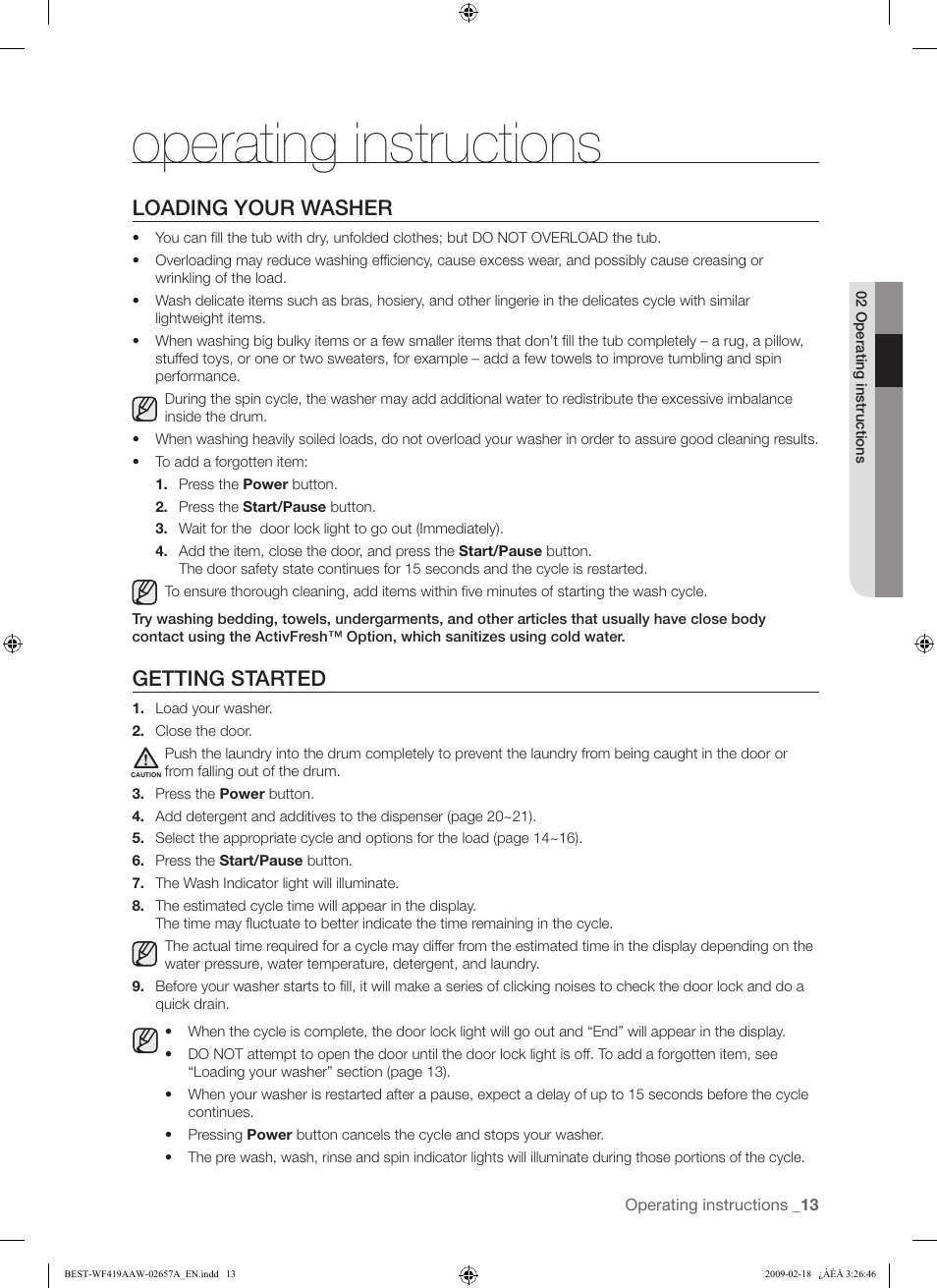 Operating instructions, Loading your washer, Getting started | Samsung WF419AAU-XAA User Manual | Page 13 / 32