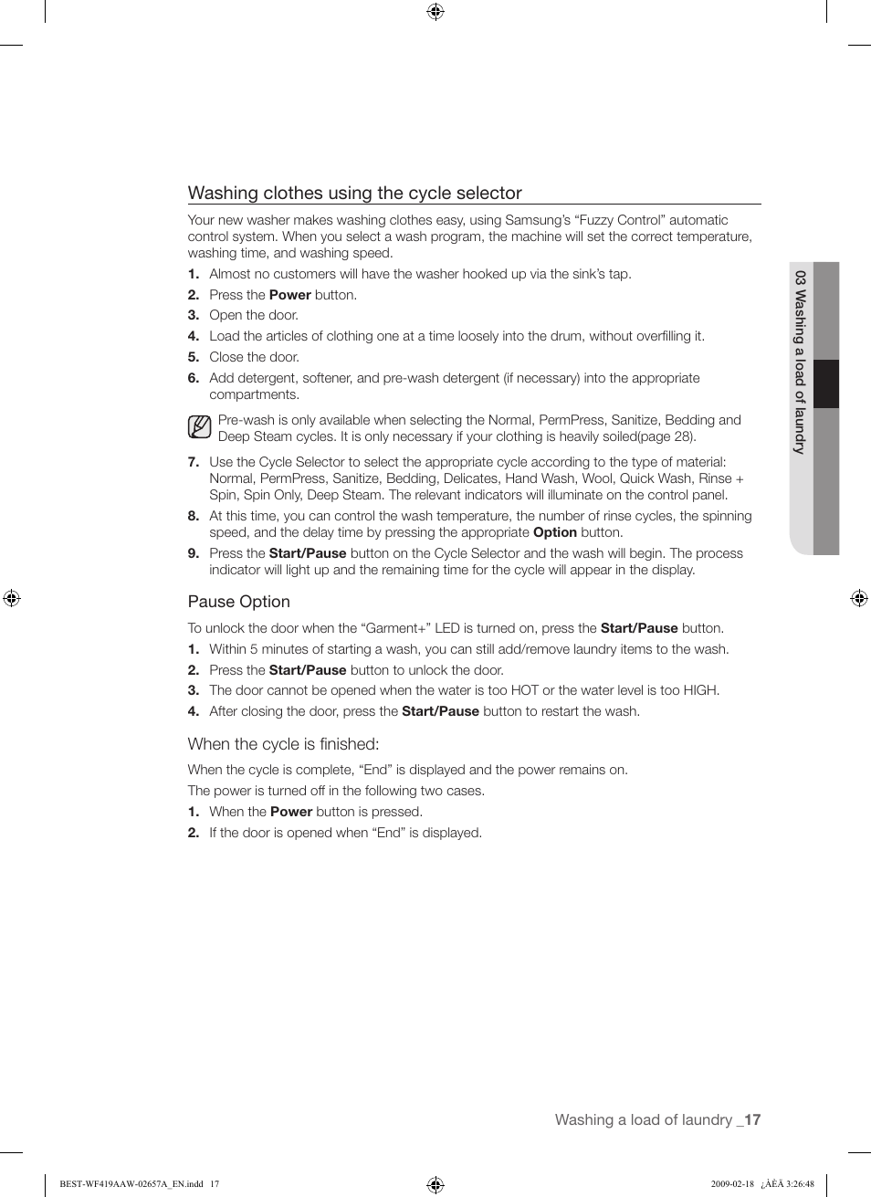 Washing clothes using the cycle selector | Samsung WF419AAU-XAA User Manual | Page 17 / 32