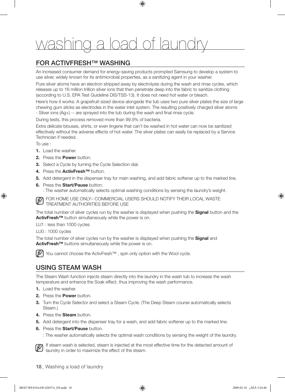 Washing a load of laundry, For activfresh™ washing, Using steam wash | Samsung WF419AAU-XAA User Manual | Page 18 / 32