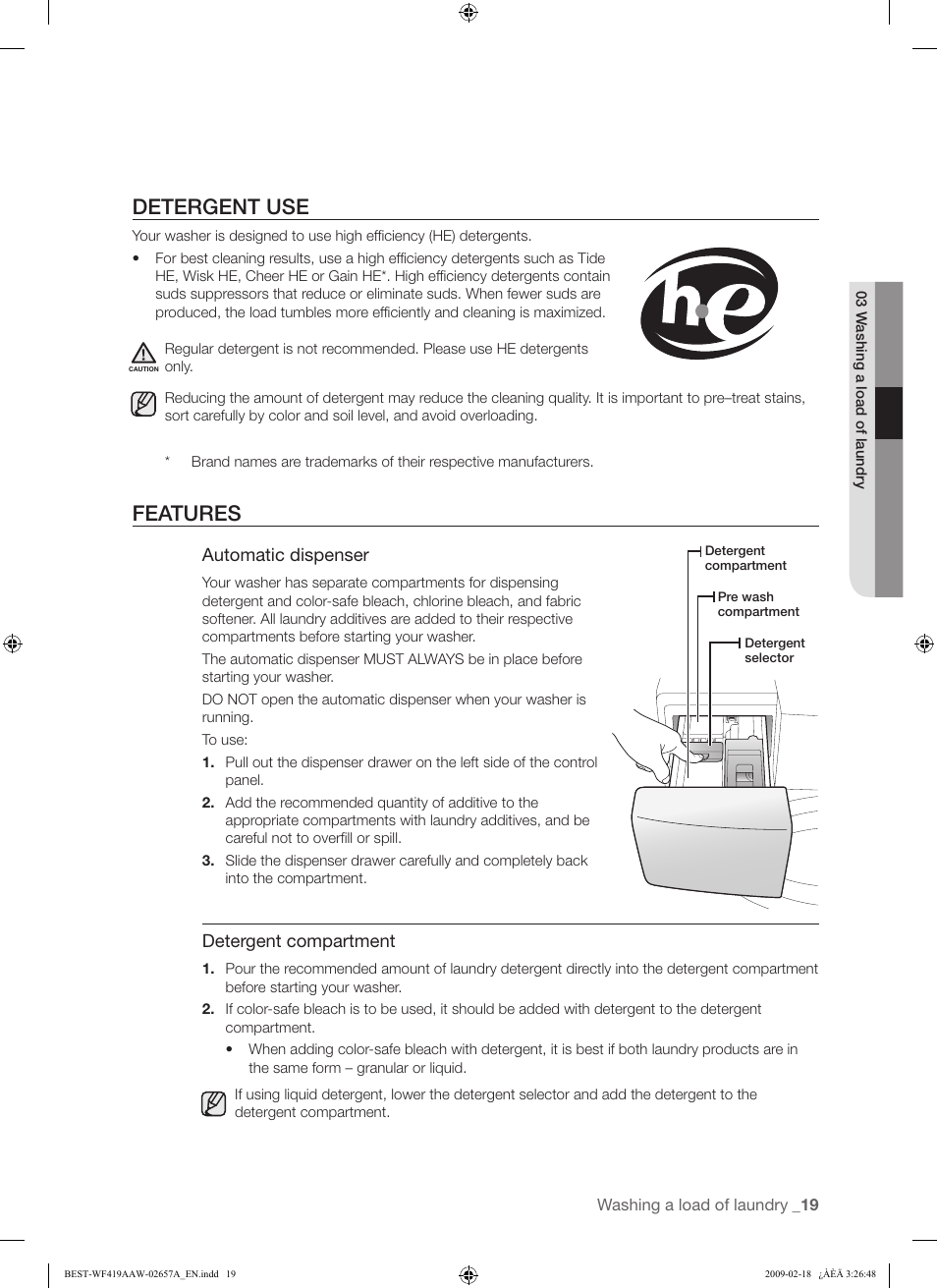 Detergent use, Features | Samsung WF419AAU-XAA User Manual | Page 19 / 32