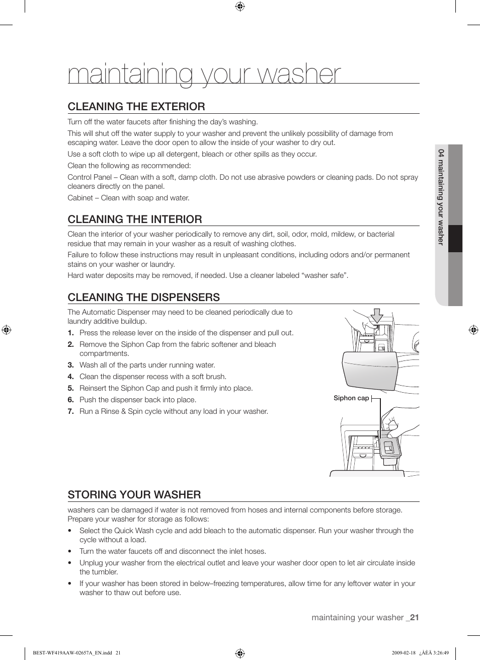 Maintaining your washer, Cleaning the exterior, Cleaning the interior | Cleaning the dispensers, Storing your washer | Samsung WF419AAU-XAA User Manual | Page 21 / 32