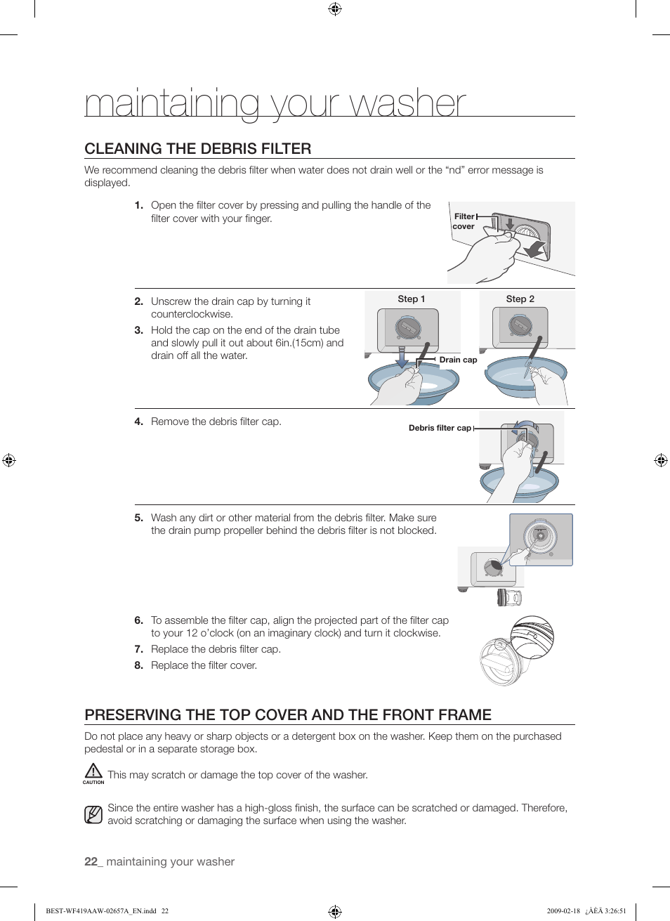 Maintaining your washer, Cleaning the debris filter, Preserving the top cover and the front frame | Samsung WF419AAU-XAA User Manual | Page 22 / 32