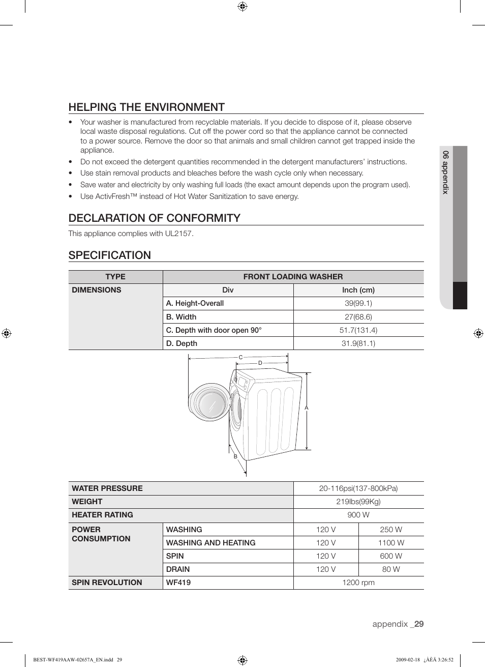 Helping the environment, Declaration of conformity, Specification | Samsung WF419AAU-XAA User Manual | Page 29 / 32