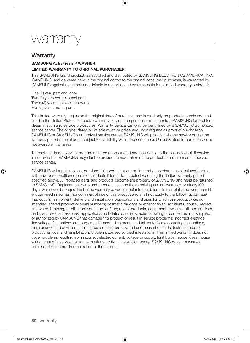 Warranty | Samsung WF419AAU-XAA User Manual | Page 30 / 32