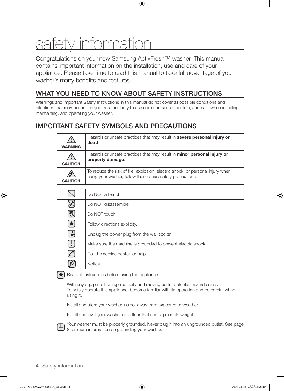 Safety information, What you need to know about safety instructions, Important safety symbols and precautions | Samsung WF419AAU-XAA User Manual | Page 4 / 32