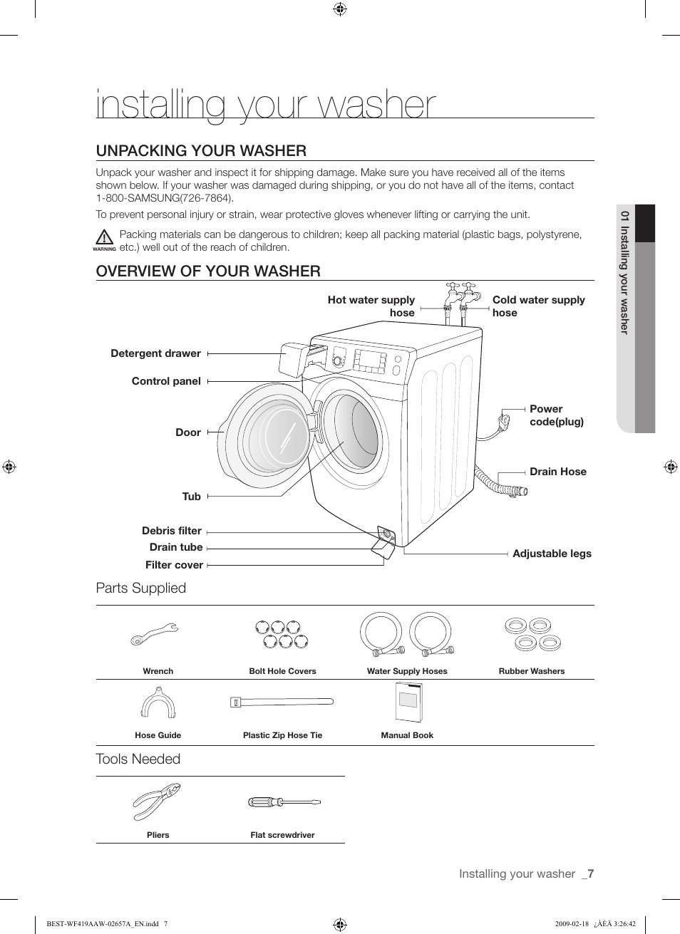 Installing your washer, Unpacking your washer, Overview of your washer | Parts supplied, Tools needed | Samsung WF419AAU-XAA User Manual | Page 7 / 32