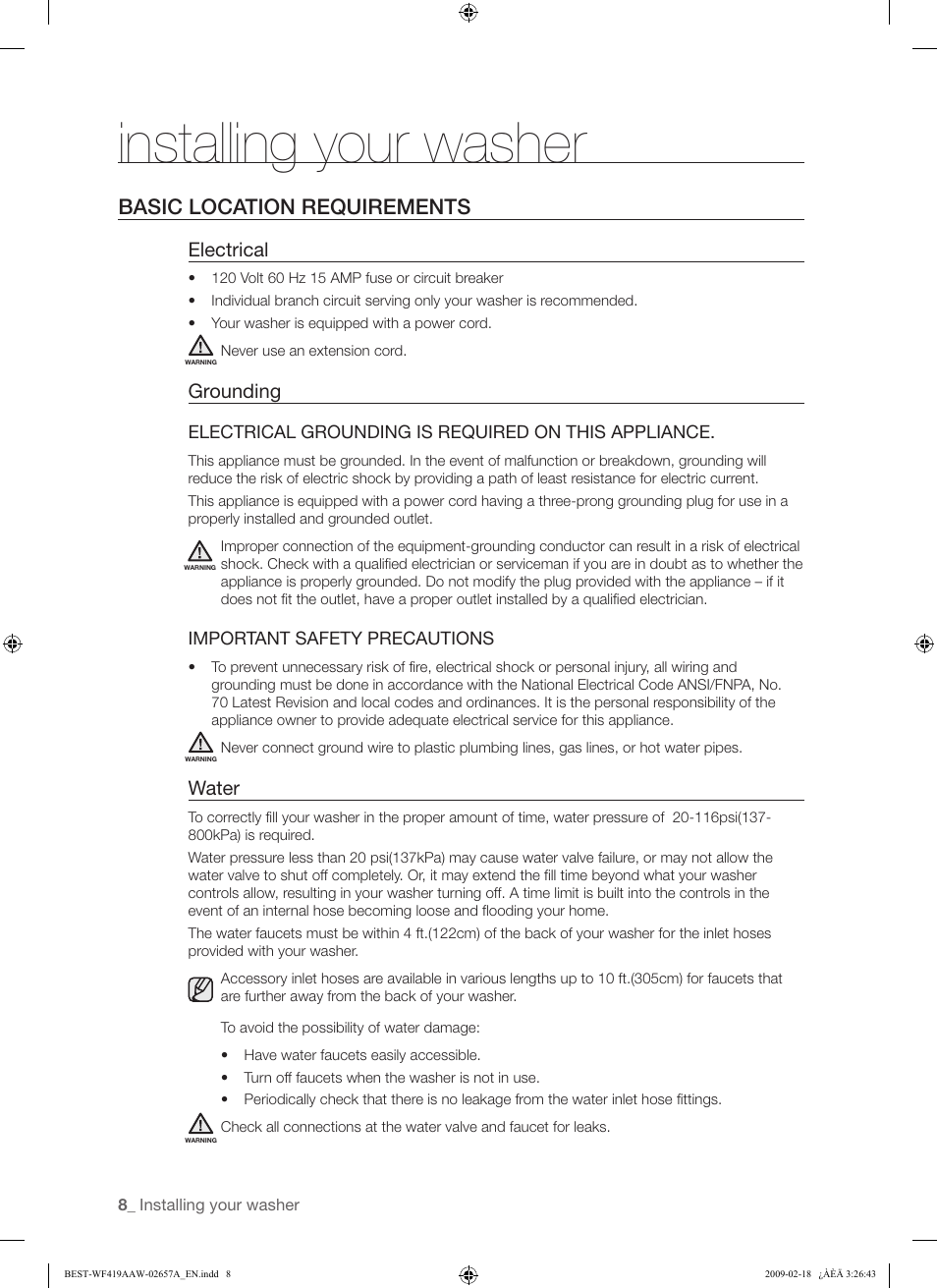 Installing your washer, Basic location requirements, Electrical | Grounding, Water | Samsung WF419AAU-XAA User Manual | Page 8 / 32