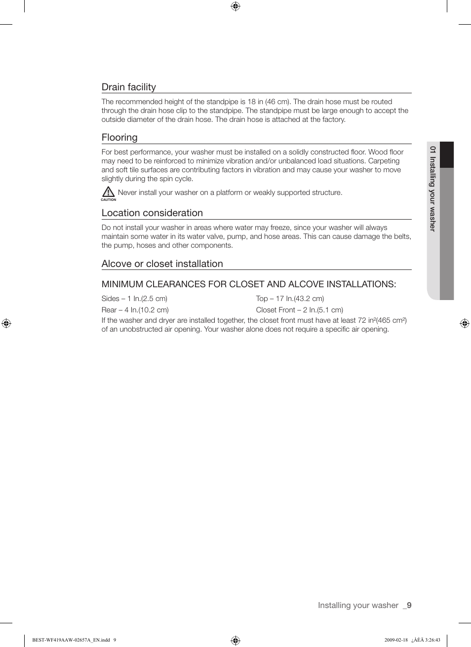 Drain facility, Flooring, Location consideration | Alcove or closet installation | Samsung WF419AAU-XAA User Manual | Page 9 / 32