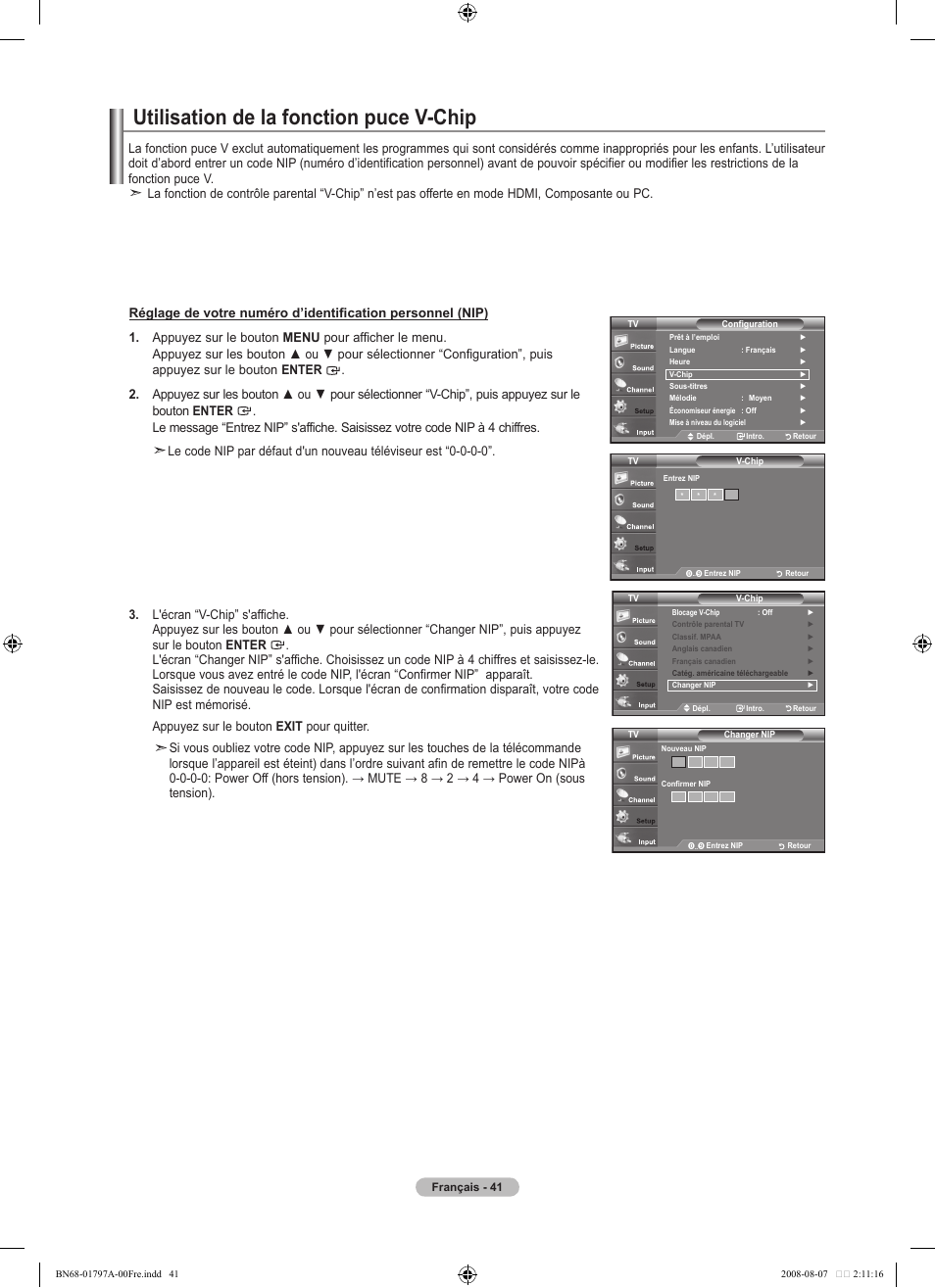 Utilisation de la fonction puce v-chip | Samsung LN32A300J1DXZA User Manual | Page 105 / 187