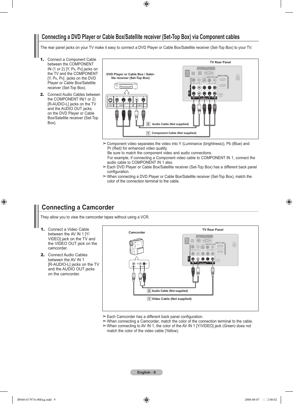 Connecting a camcorder | Samsung LN32A300J1DXZA User Manual | Page 11 / 187