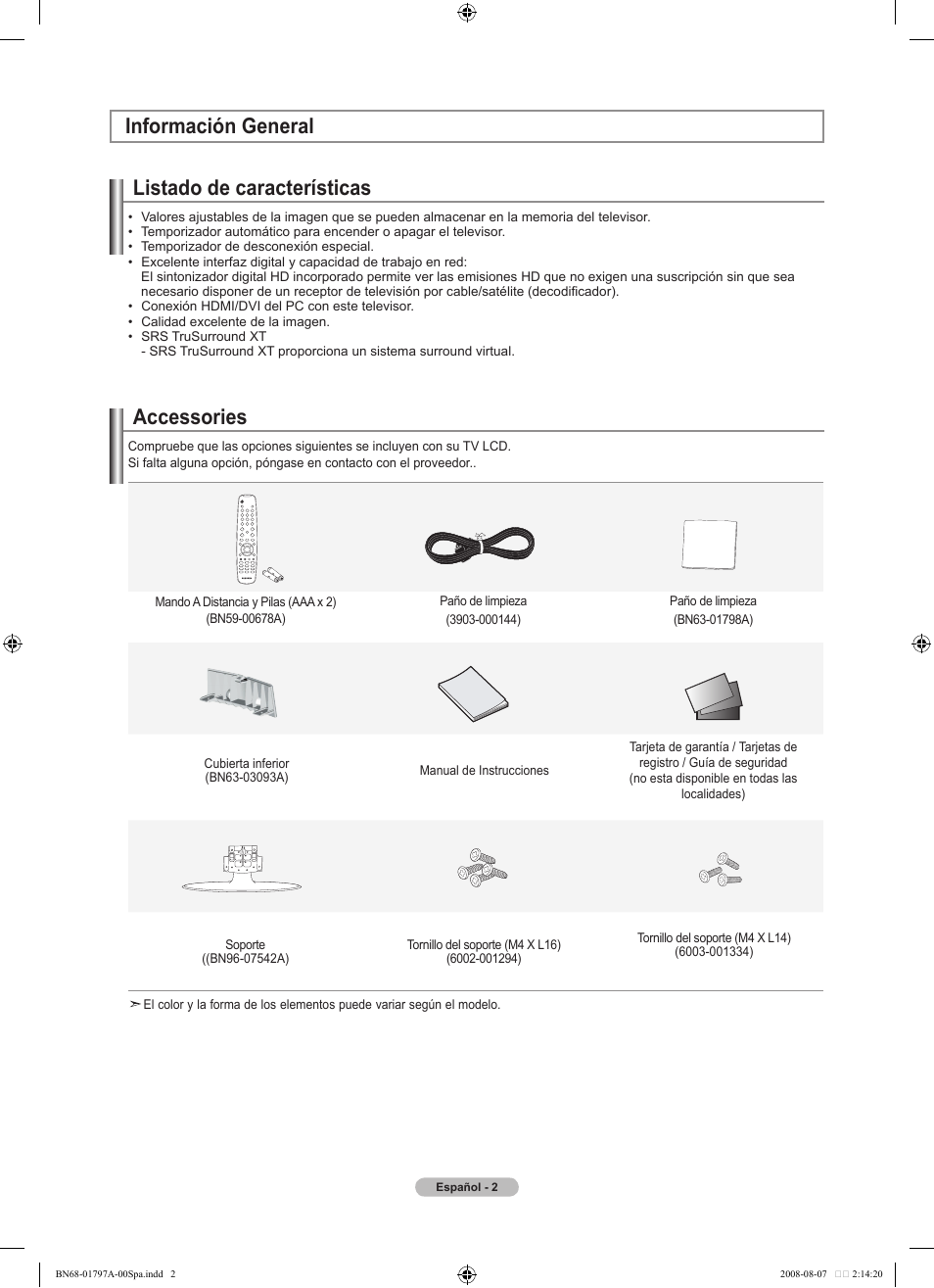 Información general listado de características, Accessories | Samsung LN32A300J1DXZA User Manual | Page 128 / 187