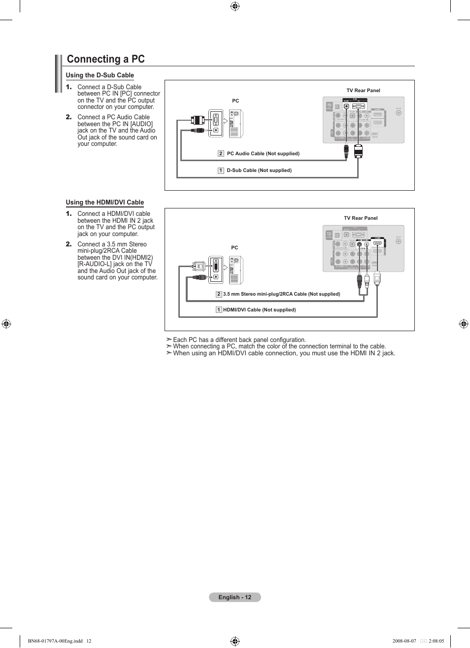Connecting a pc | Samsung LN32A300J1DXZA User Manual | Page 14 / 187