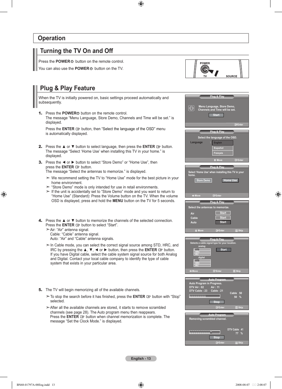 Operation, Turning the tv on and off, Plug & play feature | Samsung LN32A300J1DXZA User Manual | Page 15 / 187