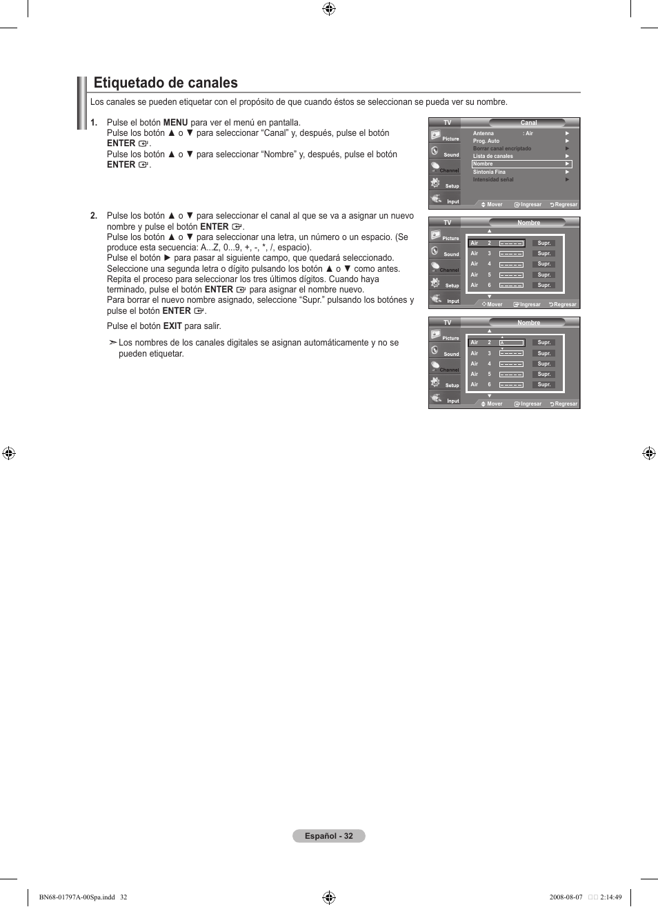Etiquetado de canales | Samsung LN32A300J1DXZA User Manual | Page 158 / 187
