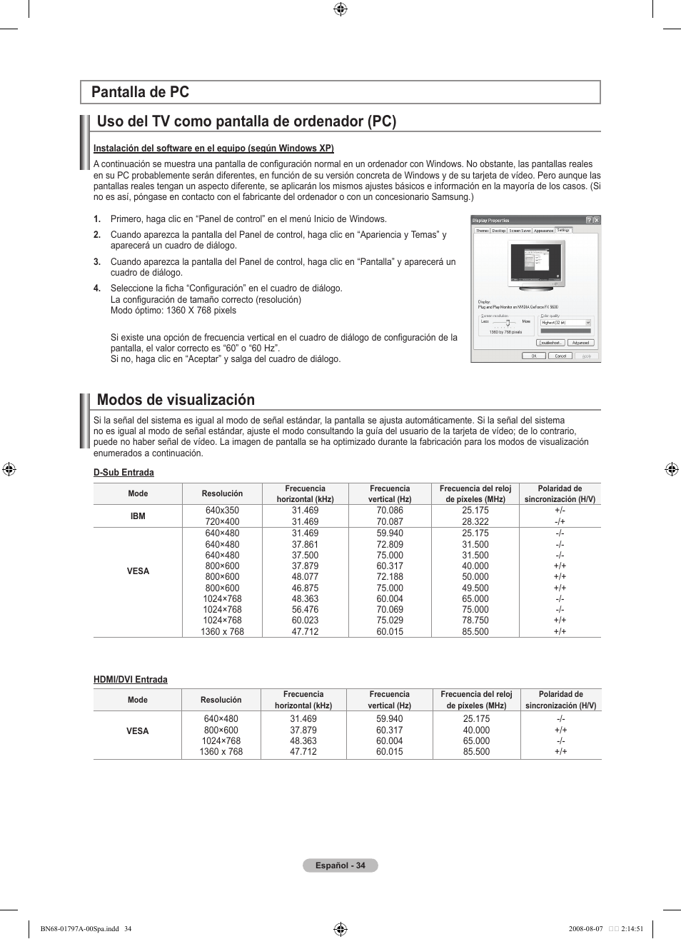 Uso del tv como pantalla de ordenador (pc), Modos de visualización pantalla de pc | Samsung LN32A300J1DXZA User Manual | Page 160 / 187