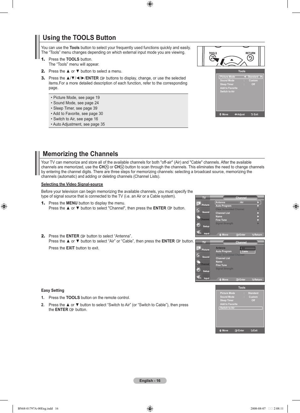 Using the tools button, Memorizing the channels | Samsung LN32A300J1DXZA User Manual | Page 18 / 187