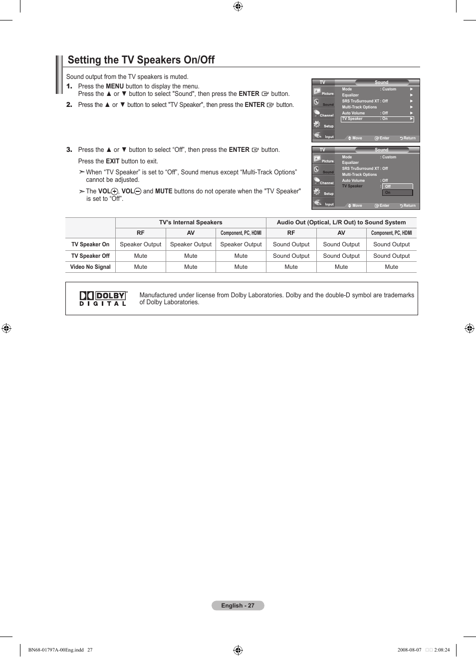 Setting the tv speakers on/off | Samsung LN32A300J1DXZA User Manual | Page 29 / 187