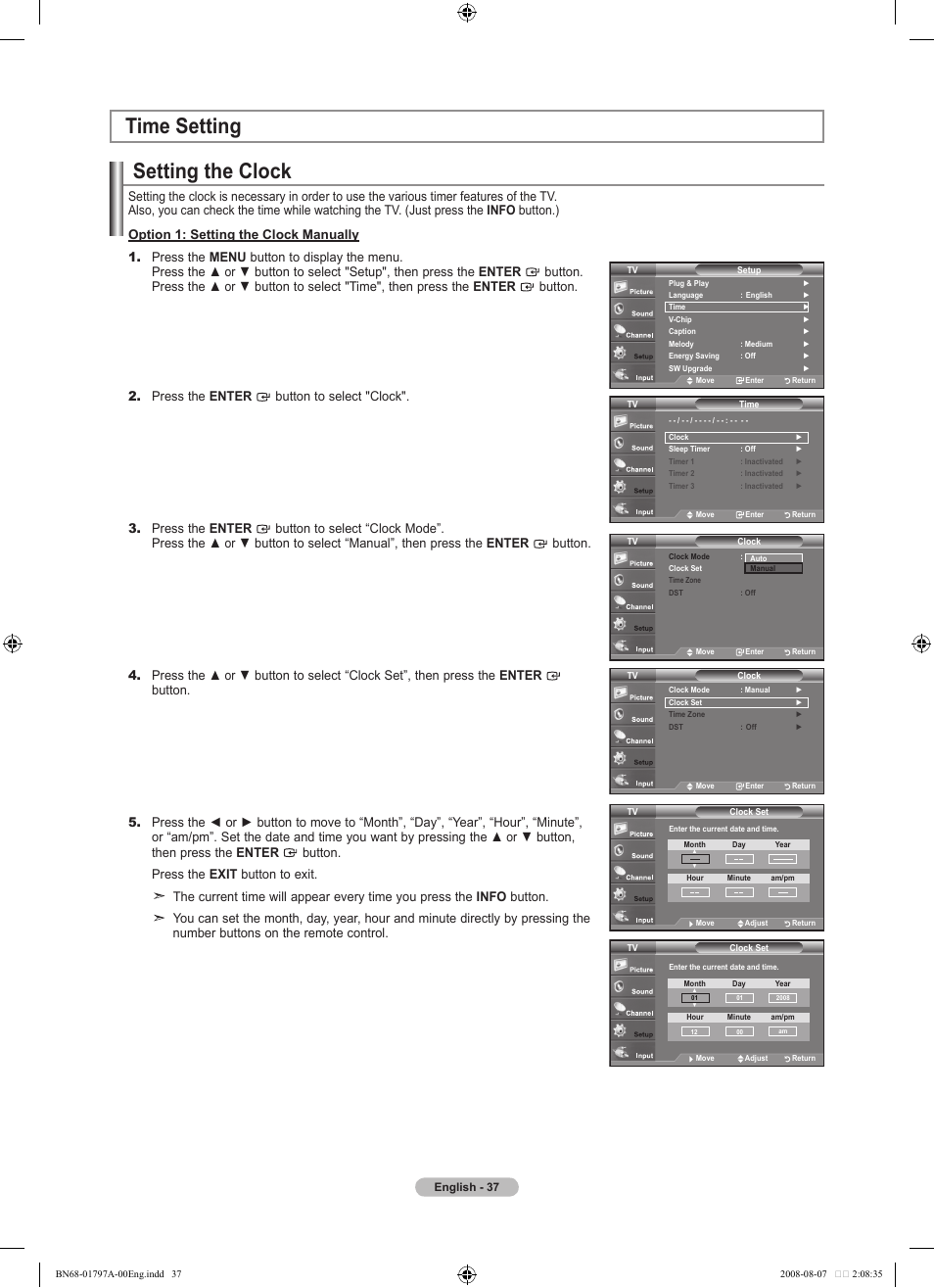 Time setting, Setting the clock | Samsung LN32A300J1DXZA User Manual | Page 39 / 187