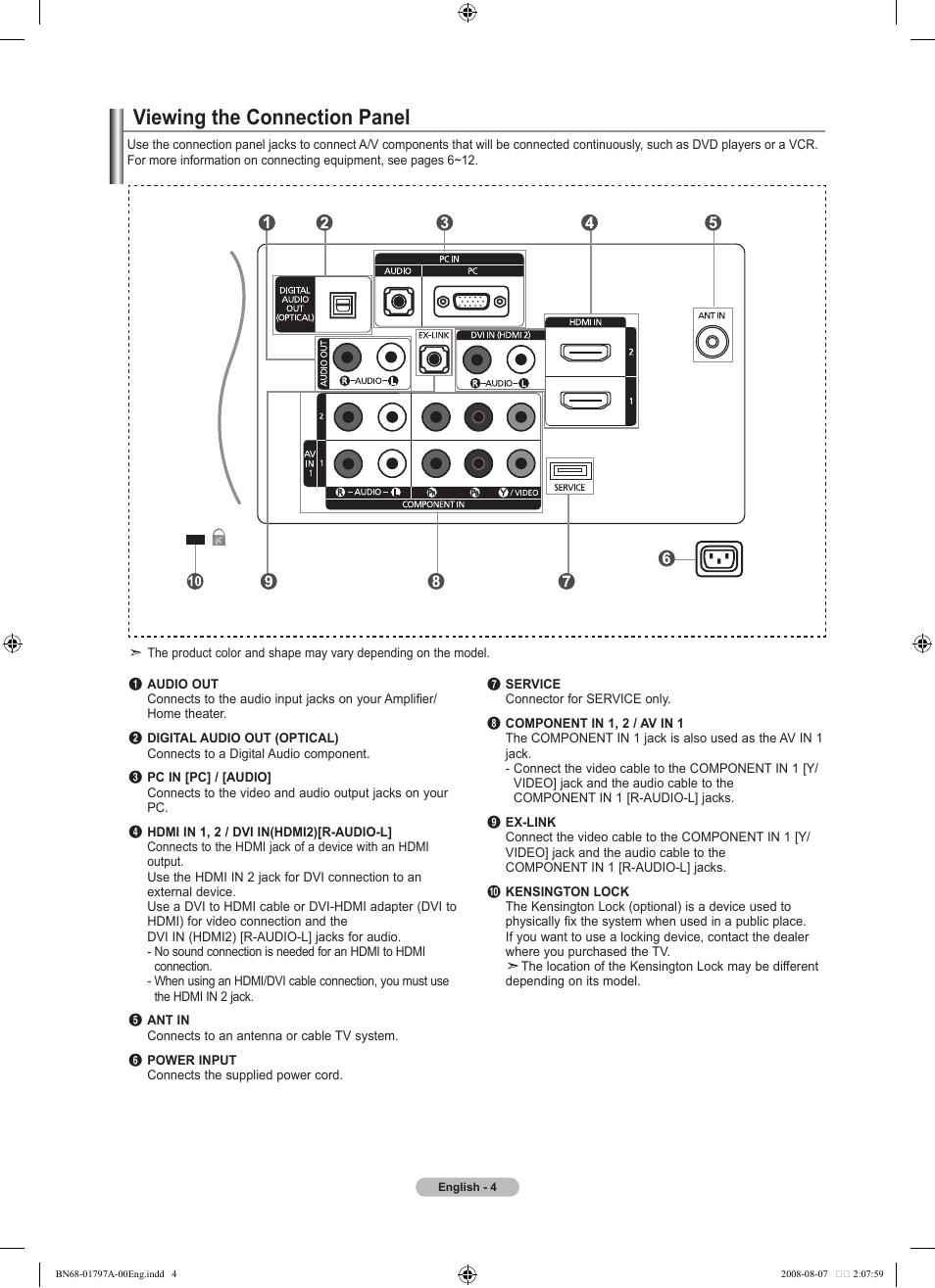 Viewing the connection panel | Samsung LN32A300J1DXZA User Manual | Page 6 / 187