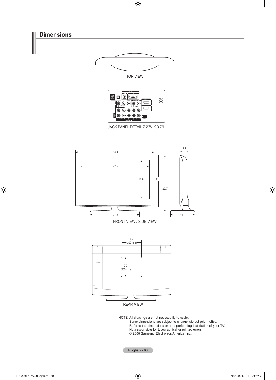 Dimensions | Samsung LN32A300J1DXZA User Manual | Page 62 / 187