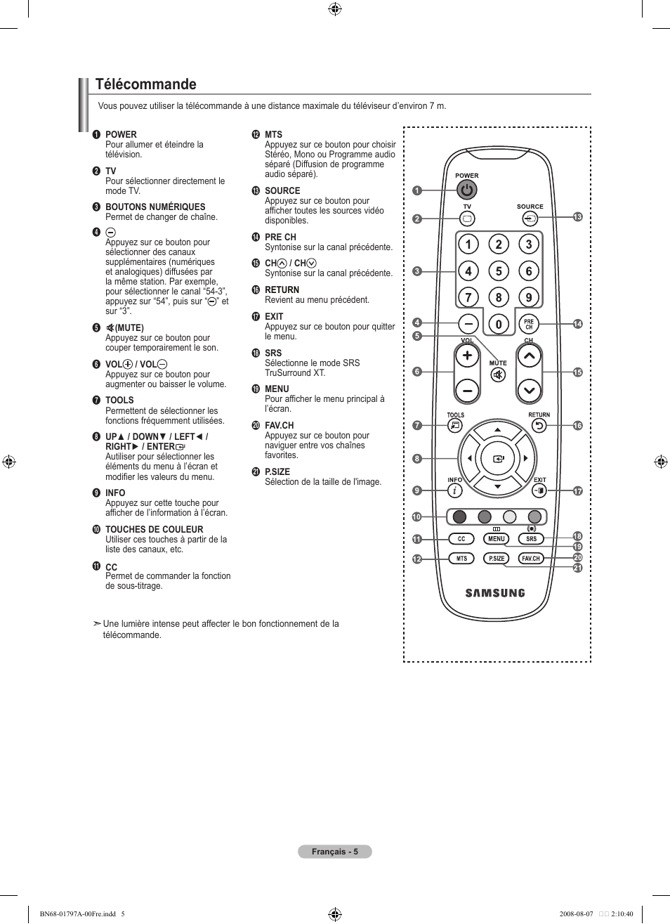 Télécommande | Samsung LN32A300J1DXZA User Manual | Page 69 / 187