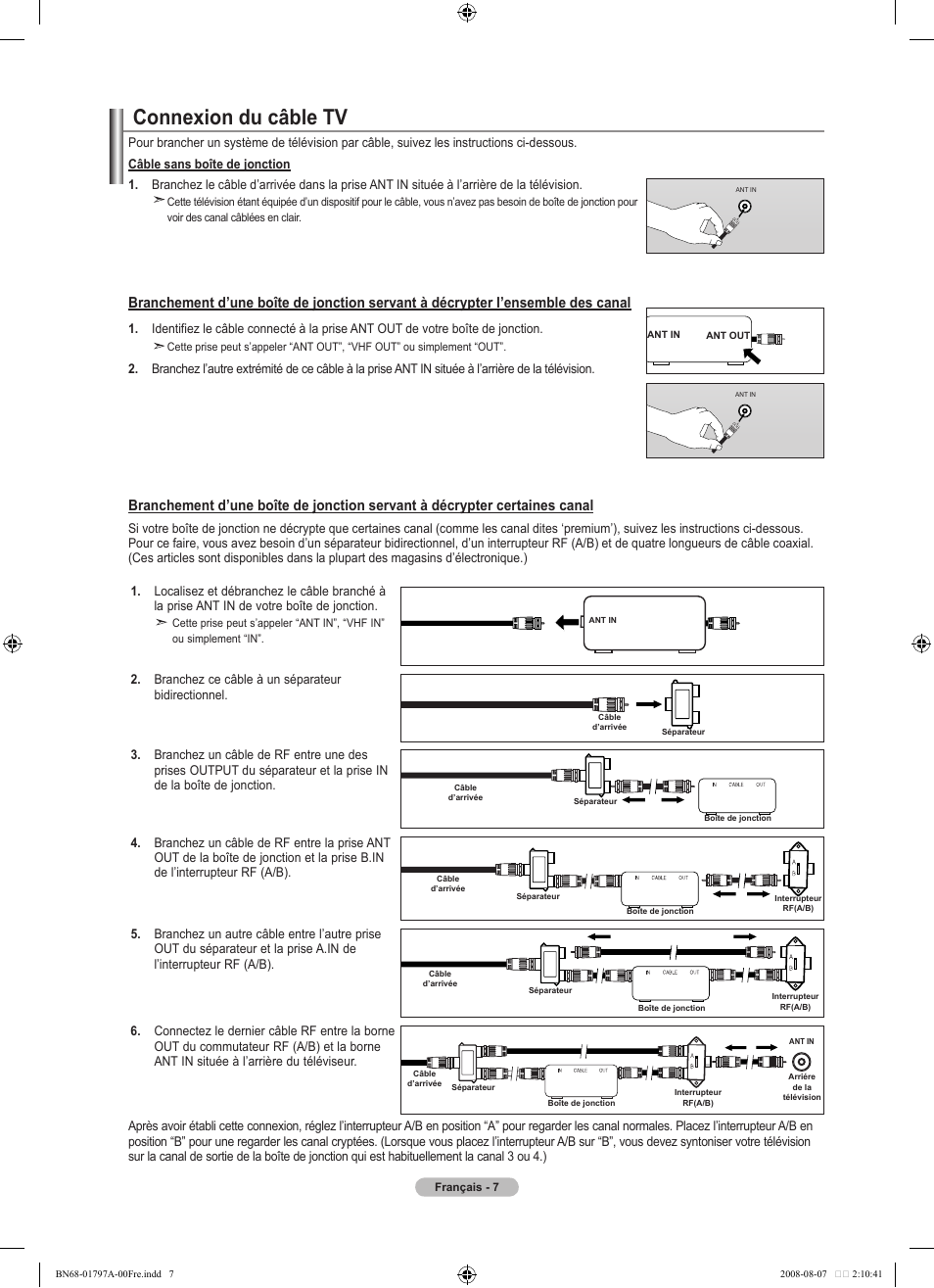 Connexion du câble tv | Samsung LN32A300J1DXZA User Manual | Page 71 / 187
