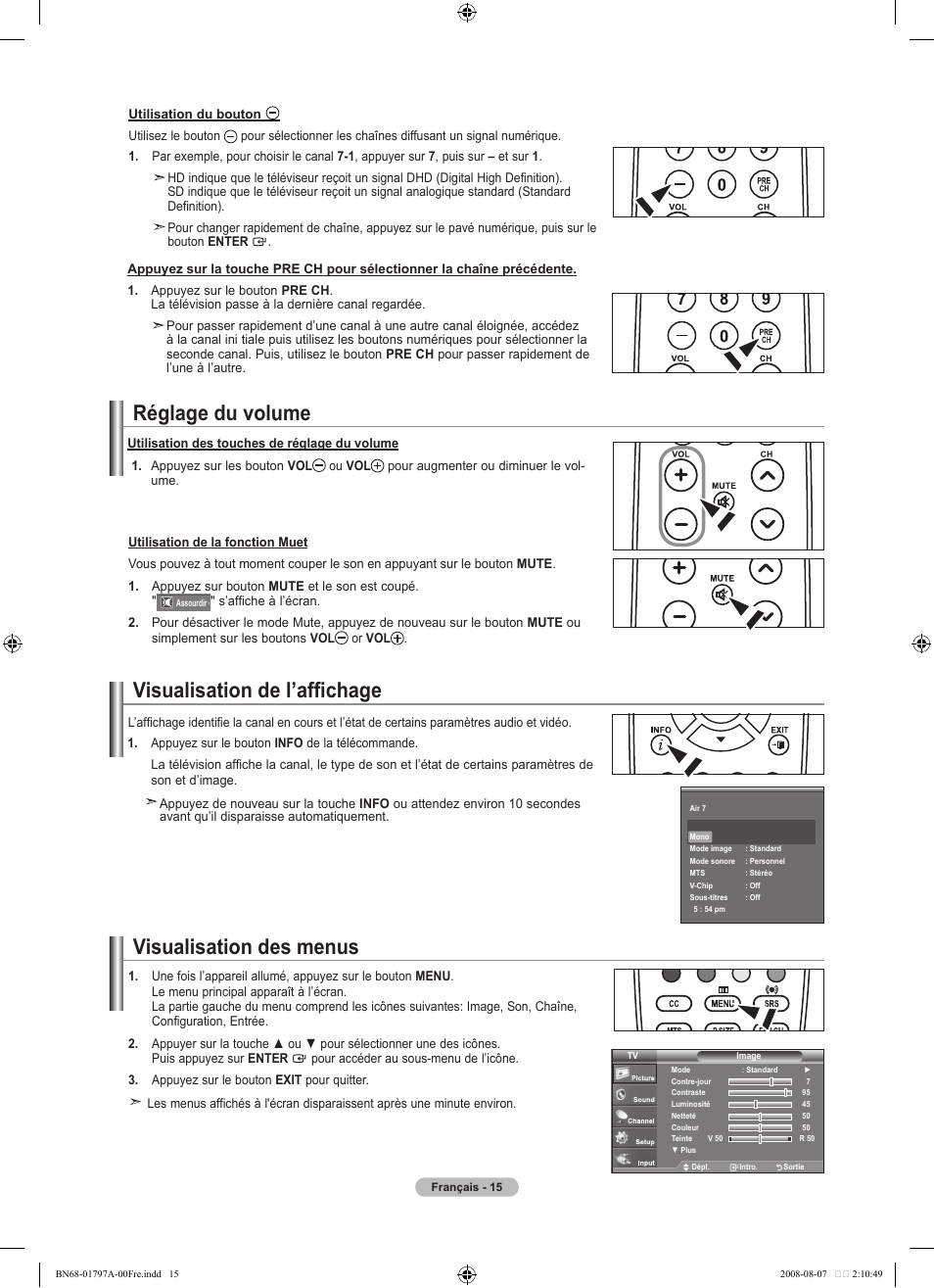 Réglage du volume, Visualisation de l’affichage, Visualisation des menus | Samsung LN32A300J1DXZA User Manual | Page 79 / 187