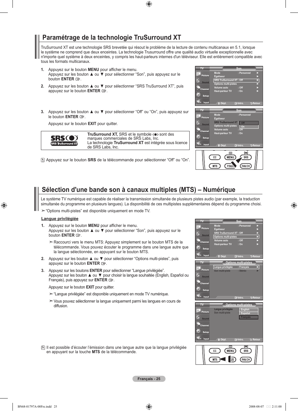 Paramétrage de la technologie trusurround xt | Samsung LN32A300J1DXZA User Manual | Page 89 / 187