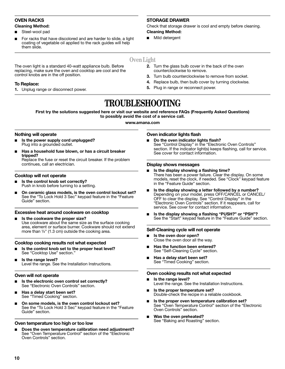 Troubleshooting, Oven light | Amana W10196163A User Manual | Page 10 / 12