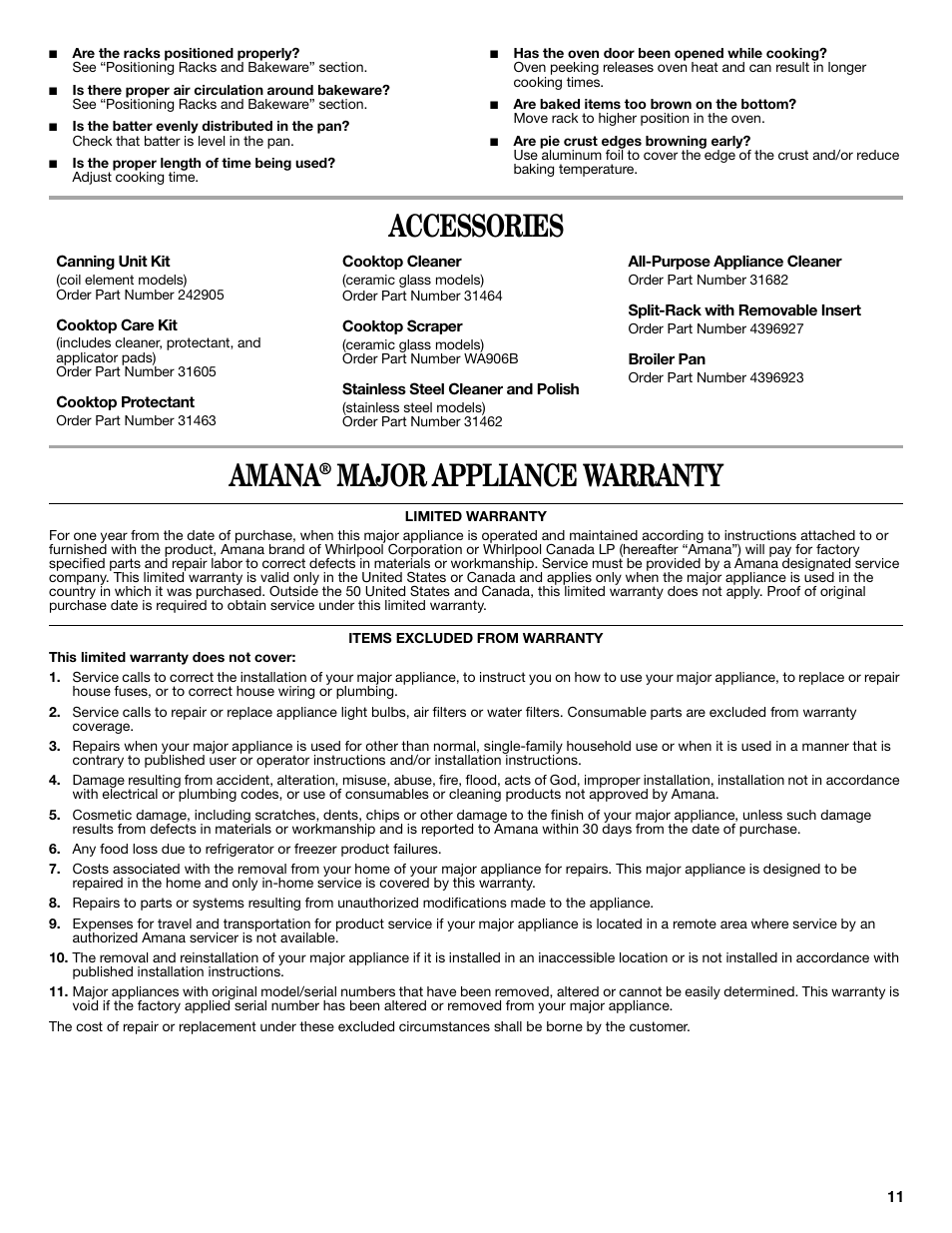 Accessories amana, Major appliance warranty | Amana W10196163A User Manual | Page 11 / 12