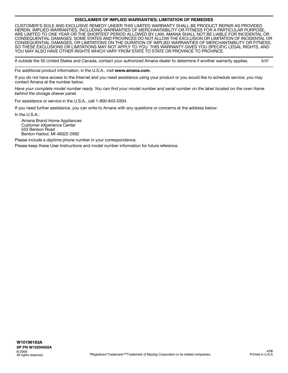 Amana W10196163A User Manual | Page 12 / 12